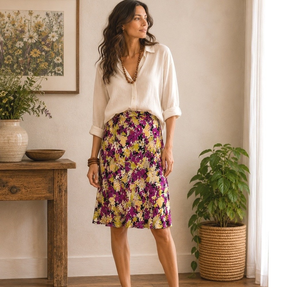 Vintage Y2K Jones New York Silk Floral Bias Cut Midi Skirt Size 12 Boho Artsy